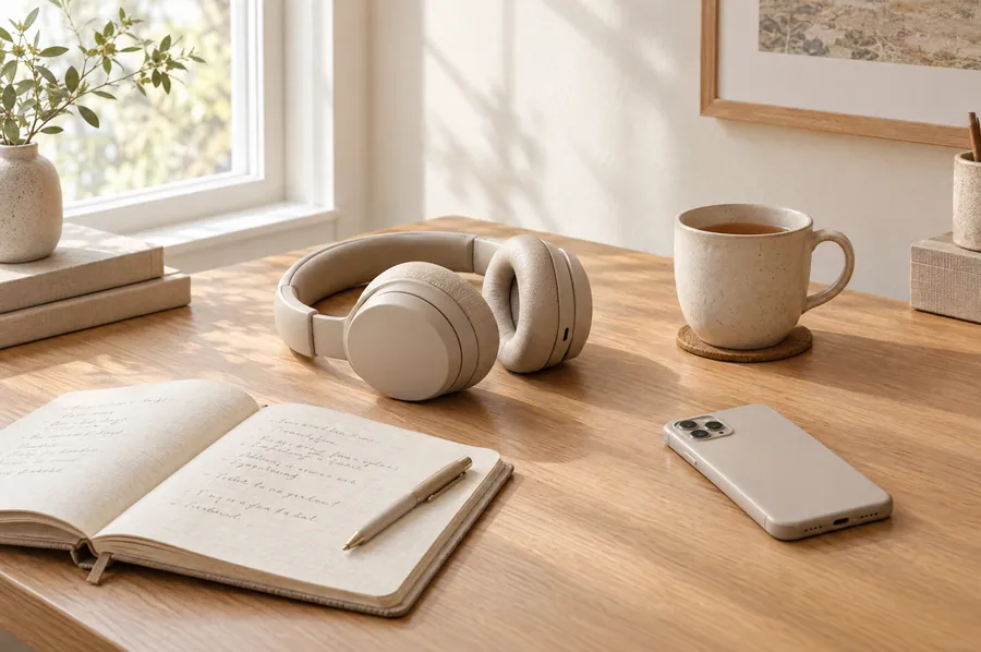 Casque, carnet et tasse de thé sur un bureau clair